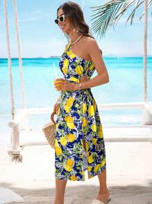 Vivid Eden 女式无袖水果印花镂空抽绳腰高开衩沙滩裙，度假风格 - 藍色 - 查看 4