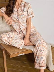 SHEIN 印花领短袖睡衣套装 节日季 - 彩色 - 查看 2