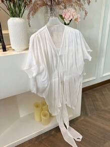 Dazy Plus Plus Size Solid Color Batwing Sleeve V-Neck Asymmetrical Hem Tie Front Shirt - Apricot - View 1