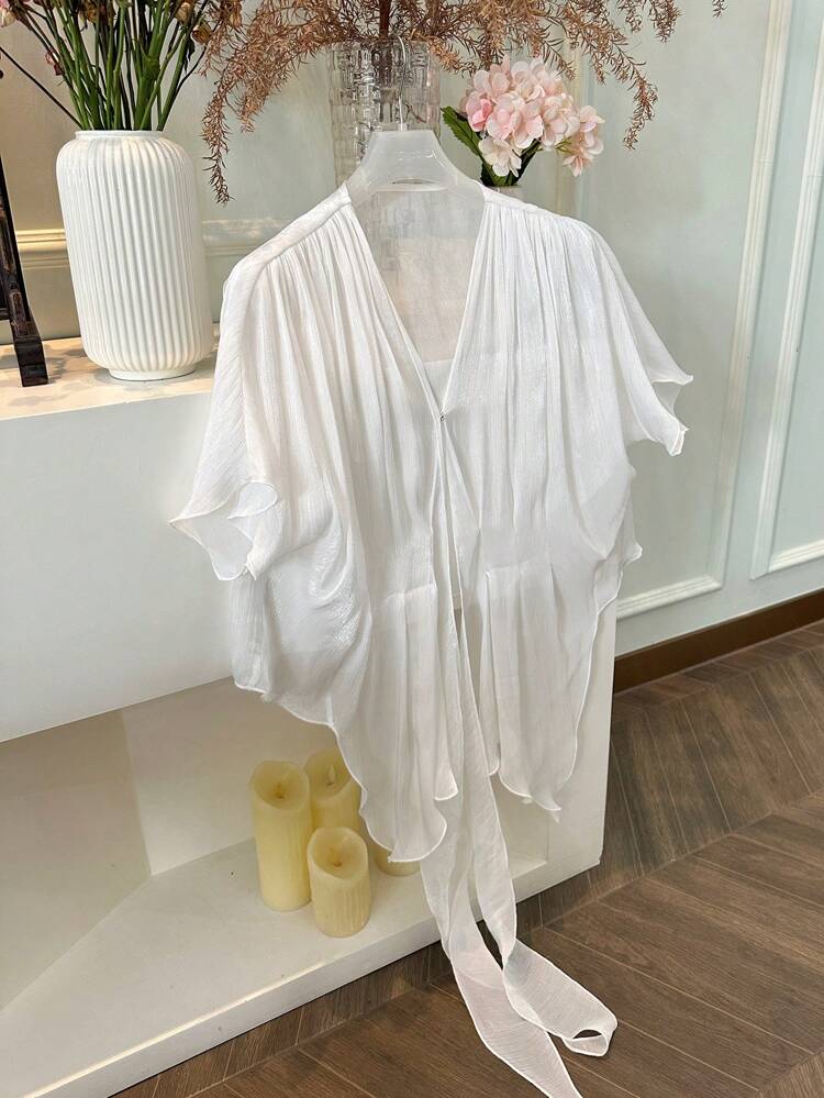 Dazy Plus Plus Size Solid Color Batwing Sleeve V-Neck Asymmetrical Hem Tie Front Shirt