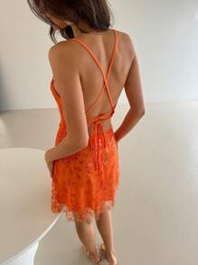 Aloruh Women's Spring Summer Resort Butterfly Sequins Embroidered Open Back Crisscross Tie Flared Hem Orange Mini Dress - Yellow - View 3