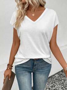 Louniche Kaos Kasual Lengan Pendek Leher V Warna Polos untuk Wanita di Musim Panas - Putih - View 7