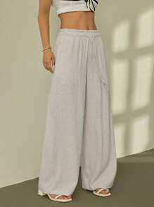 SHEIN PETITE 女士休闲纯色抽绳腰阔腿裤 - 杏色 - 查看 5