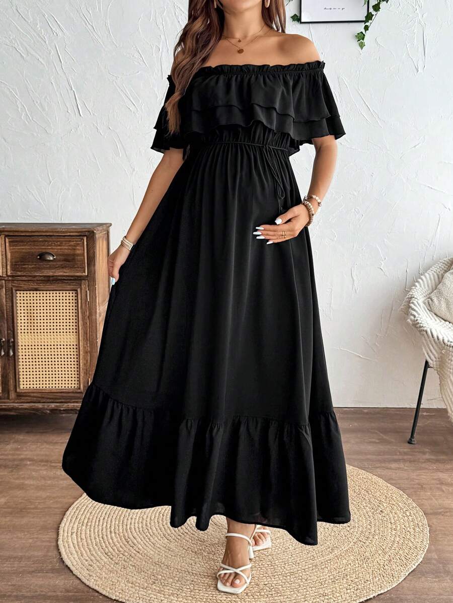 SHEIN 孕妇夏季休闲纯色露肩连衣裙 - 黑色 - 查看 1