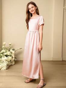 SHEIN 女童泡泡袖方领连衣裙，柔粉色飘逸公主裙，适合儿童婚礼、宾客、伴娘、生日仪式 - 粉色 - 查看 6