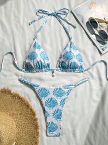 Swim Mod Set de 2 piezas de biquini de verano con parte superior tipo tirantes con estampado aleatorio y textura acanalada, sujetador triangular y tanga - Multicolor - Ver 6
