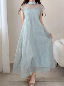 FRIFUL Đầm dài dáng chữ A cổ đứng phối ren lưới tương phản dành cho nữ, chân váy xòe rộng. - màu xanh lá - Xem 2