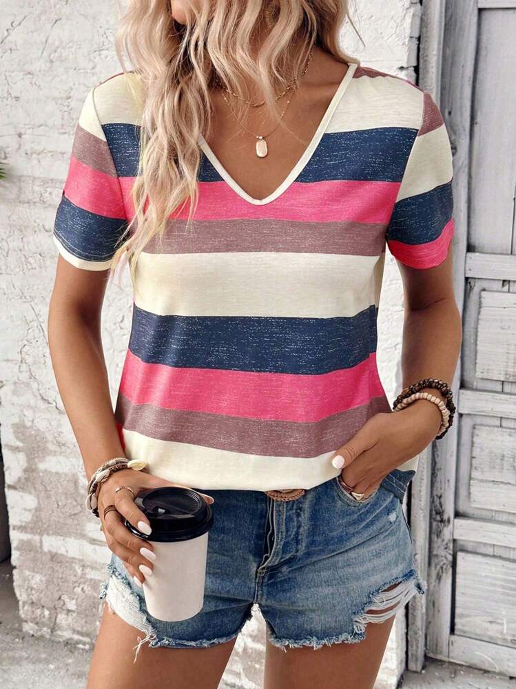 SHEIN LUNE CURVE Plus Size Color Block Stripe Casual T-Shirt - Multicolor - View 3