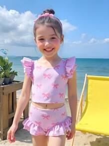 SHEIN 少女条纹蝴蝶结印花盖袖比基尼泳装套装 - 粉色 - 查看 1