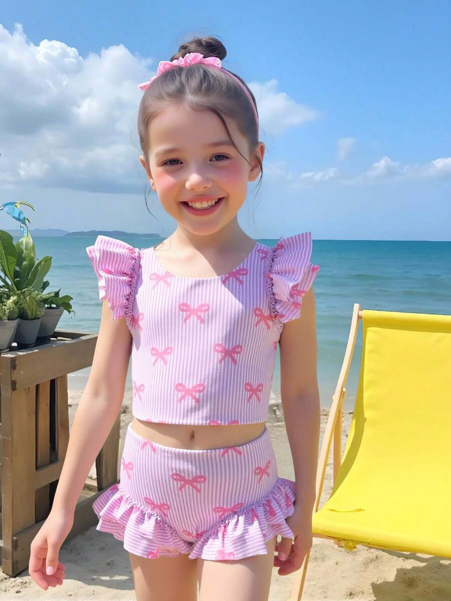 SHEIN 少女条纹蝴蝶结印花盖袖比基尼泳装套装 - 粉色 - 查看 1