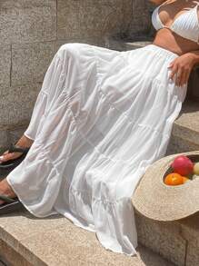 Livesso Plus Size Women Solid Color High Waist Slimming Skirt - White - View 6