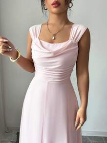 Rafferiza Sleeveless Solid Color Slit Dress, Waist Cinching, Slimming