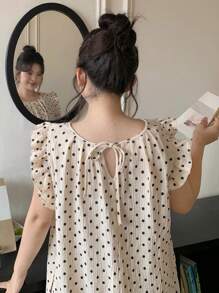 Dazy Plus Plus Size Patchwork Ruffle Trim Polka Dot Long Nightgown, Cute Home Sleepwear Women Nighty ,Vacation