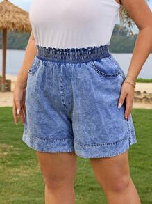 EMERY ROSE Mature Denim Pantaloni scurți largi din denim albastru, talie elastică, mărime mare, pentru vacanță de vară, cowgirl, ținute western, business casual, festival, aeroport, absolvire, Ibiza, plajă, Hawaii, concert, boho, 2025, absolvire de 4 iulie, blugi largi, pantaloni scurți cu talie înaltă, pantaloni lejeri, pantaloni scurți cu volane - Albastru - Vizualizare 4