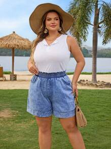EMERY ROSE Mature Denim Pantaloni scurți largi din denim albastru, talie elastică, mărime mare, pentru vacanță de vară, cowgirl, ținute western, business casual, festival, aeroport, absolvire, Ibiza, plajă, Hawaii, concert, boho, 2025, absolvire de 4 iulie, blugi largi, pantaloni scurți cu talie înaltă, pantaloni lejeri, pantaloni scurți cu volane - Albastru - Vizualizare 6