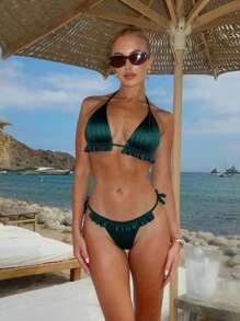 SHEIN Swim 2 件套女士纯色褶皱三角挂脖比基尼套装，荷叶边下摆，优雅精致的泳衣 - 墨綠色 - 查看 4