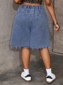 SHEIN EZwear Plus Size Blue Distressed Denim Casual Slim Fit Shorts,Spring For Women / Spring,Summer For Women / Summer / Summer / Cute,Easter / Easter / Easter Women,Concert Women / Rave / Rave Festival / Country Concert / Nashville - Blue - View 2