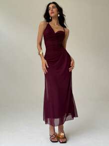 Aloruh Romantic Asymmetrical Halter Big Backless Tie Maxi Mesh Dress For Women, Pink & Purple Summer Outfits For Women,Bodycon Dress - Red Violet - View 4