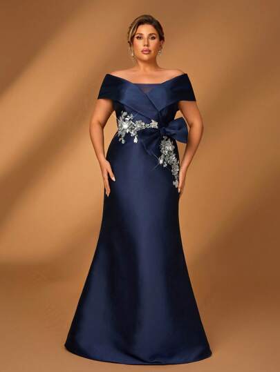 Serin Plus Size Summer Elegant Romantic Gorgeous Dark Blue Off Shoulder Luxury Sequin Applique Design Bow Micro Fishtail Suitable For Dinner Bachelorette Party Date Holiday Music Festival Wedding Event Bride Mother Dress, Valentine's Day