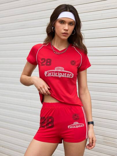 Streetz SHEIN Sport Pantalones cortos deportivos rojos casuales para mujer con estampado de números y letras
