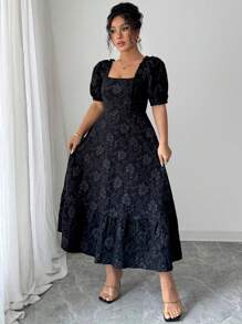 Elenzga Women Plus Size Solid Color Daisy Jacquard Fabric Waist-Cinched Silhouette Elegant Day-To-Night Puff Sleeve Dress - Black - View 4