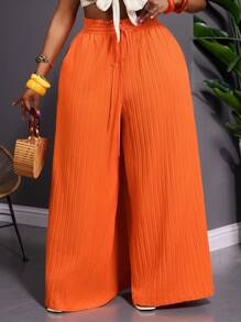 SHEIN CURVE+ Pantalones anchos de cintura alta con textura naranja para mujer talla grande, pantalones bohemios de playa, curvas plus, boho vacaciones, pantalones de verano, campo, vacaciones en la playa, ropa de playa - Naranja - Ver 4