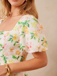 L'Amorae Women SQUARE NECK COTTON FRUIT PRINT PUFF SLEEVE MINI FLARED VACATION SUMMER DRESS