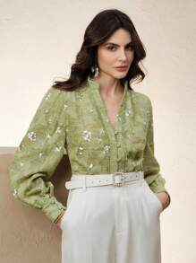 Anewsta Stylish Elegant Party Sequin & Laser Cut Long Sleeve Blouse For Women, Suitable For Spring, Festival, Holiday