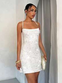 SHEIN BAE Women's Fashionable Sexy Sequin Backless Mini Dress, Summer Party Dresses For Women