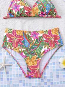 SHEIN Tween Girls Tropical Print Spaghetti Strap Bikini Set, Casual Vacation Style - Multicolor - View 5