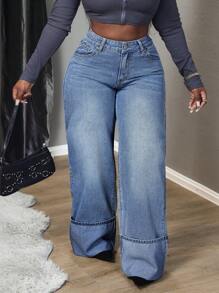 SHEIN CURVE+ 大码休闲水洗高腰阔腿牛仔裤 - 藍色 - 查看 2