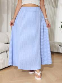 SHEIN EZwear Plus Size Summer Vacation Casual Striped Drawstring Waist A-Line Skirt - Baby Blue - View 4