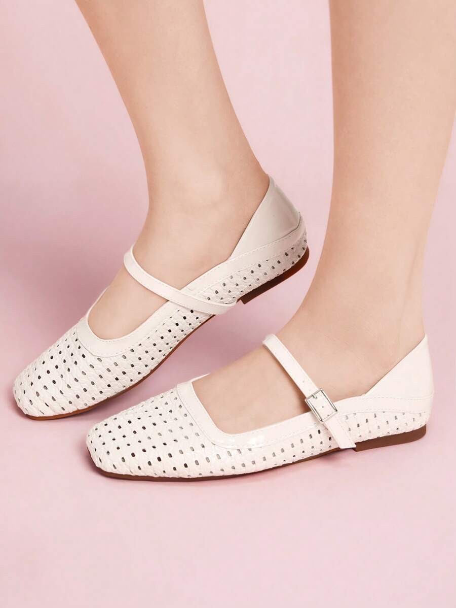 CUCCOO DOLLMOD Women's Round Toe Low Heel Beige Woven Mesh Fabric Chic Minimalist Buckle Strap Flats