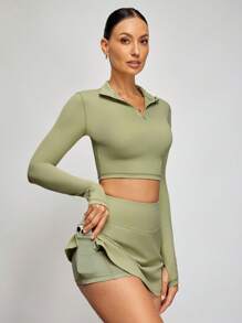 Activina Women Solid Color Fitted Cropped Top And Mini Skirt Sports Tracksuits Women Set Suit For Daily Wear & Tennis Dress Workout Women Set - Green - View 4