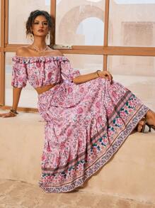 Swim Oasis 女士两件套：荷叶边露肩灯笼袖短款上衣，松紧腰 A 字印花裙