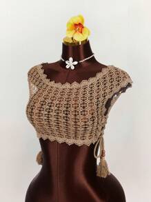 Amplova 女士蕾丝边透明钩针领带衬衫 - 卡其色 - 查看 1
