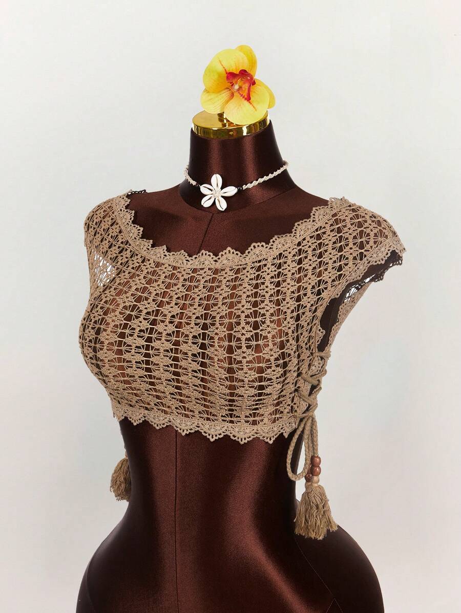 Amplova 女士蕾丝边透明钩针领带衬衫 - 卡其色 - 查看 1
