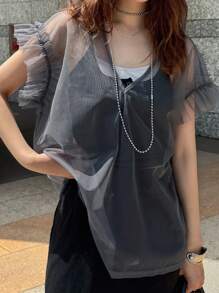 FRIFUL 女式网眼荷叶边宽松重叠休闲夏季上衣，女性沙滩度假装