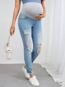 SHEIN Maternity Distressed Denim Jeans Summer Outfits For Women Festival Outfits - Light Wash - View 3