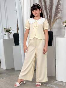 2pcs Girls Outfit: Pale Pink Peplum Top With Wide-Leg Pants - Apricot - View 5