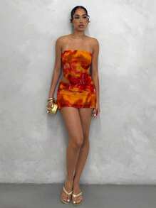 Glamine Conjunto de 2 piezas con top corto asimétrico sexy y estampado floral + falda mini floral estampada para mujer, look sexy para vacaciones