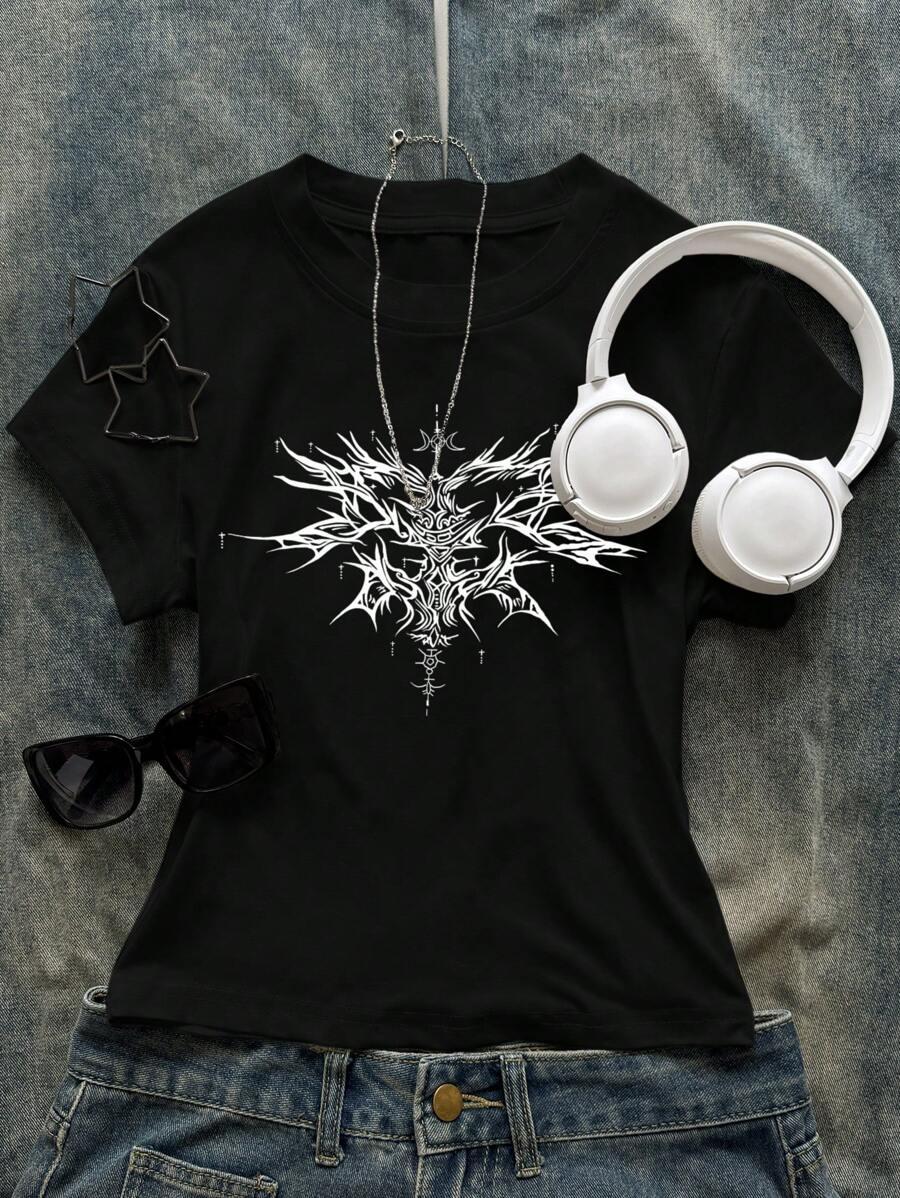 SHEIN EZwear Women's Gothic Style Graphic Print Round Neck Short Sleeve T-Shirt, Summer - Black - View 1