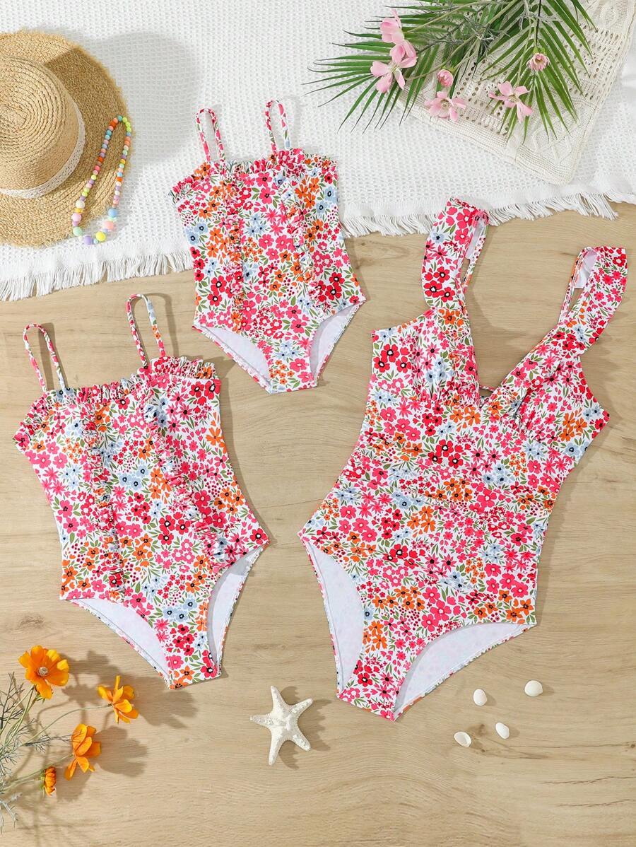 Cute One-Piece Ditsy Floral Ruffle Edge Tween Girl' Swimsuit, Beach Holiday Vacation Outfit - Multicolor - View 1