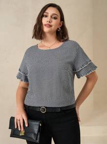Chikora Curve Plus Size Women's Romantic And Elegant Daily Casual Commuting Black Texture Plaid Fabric Pleated Frill Edge Short Sleeve Round Neck Loose Shirt,Business Casual Woman,Going Out Tops Women,Office Outfits For Women,Work Clothes Women,Teacher Outfits For Women,Gingham - Black and White - View 5