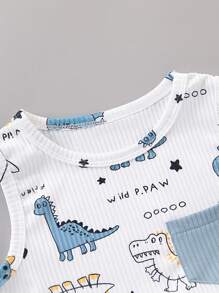 SHEIN Vintaside Kids Bộ áo thun không tay cổ tròn in hình khủng long hoạt hình mùa hè cho bé trai kèm quần short xanh trơn, phong cách sống động & dễ thương, thích hợp cho các chuyến phiêu lưu ngoài trời, thoải mái khi mặc ở nhà và tiệc tùng vui vẻ - Màu xanh lam - Xem 4