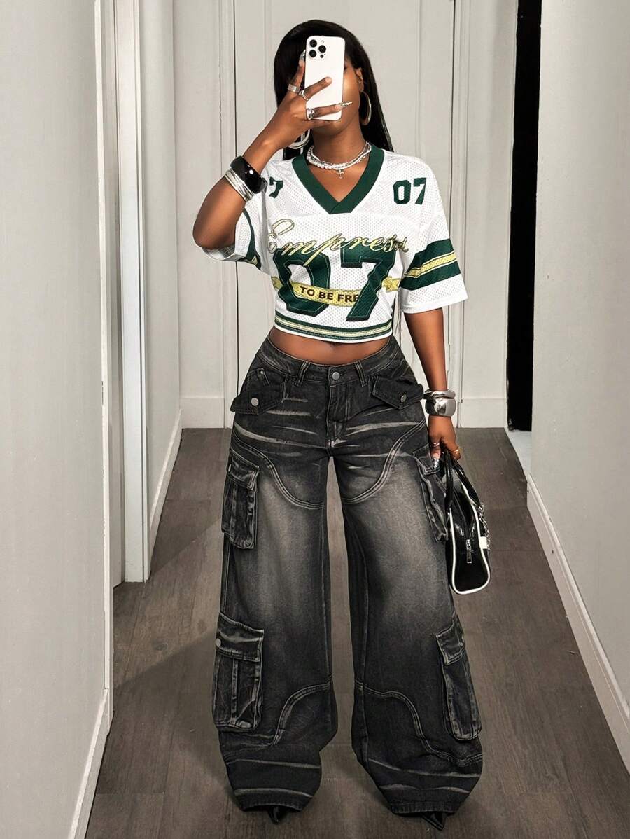 BamGleam 女士休闲宽松数字和字母印花短款 T 恤，运动和街头风格，夏季 - 彩色 - 查看 1