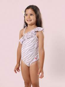 SUMWON One Shoulder Ruffle Swimsuit Girl Summer Kids Beach Swimming Pool Bathing Suit Sun Protection - Brown - View 3