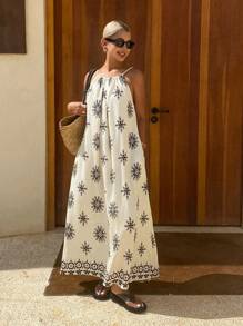 DAZY Elegant Ladies Summer Lace Print Bohemian Style Sleeveless Dress, Vacation Wear Cruise Outfit For Women - Apricot - View 1