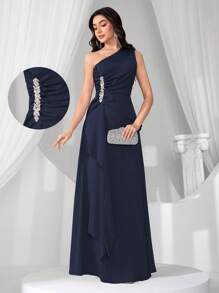 Coutiva 新款女士时尚优雅修身不对称领口无袖连衣裙、正式、派对礼服、晚礼服、婚礼宾客礼服 - 藏蓝色 - 查看 7