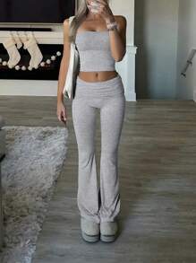 INAWLY 2pcs/Set Slim-Fit Sexy Ruffle Bandeau Top And Bell-Bottom Pants Set